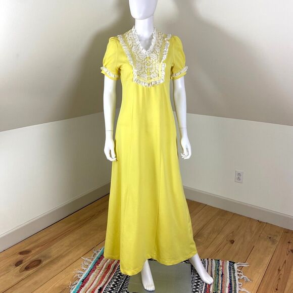 Vintage 60s 70s Yellow Mod Maxi Dress Lace Prairie Babydoll M Medium Polyester - Picture 2 of 10